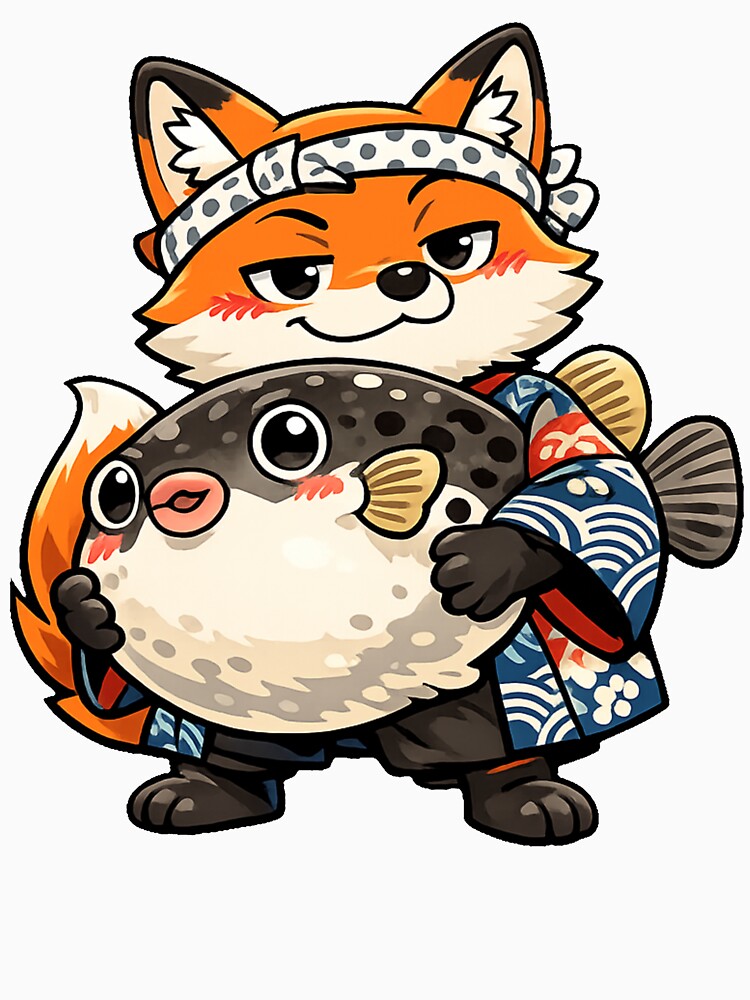 Smug Fox Holding Giant Fugu Sticker | Cute Japanese Pufferfish Foodie Anime Art by kawaii animal store (in Japan)