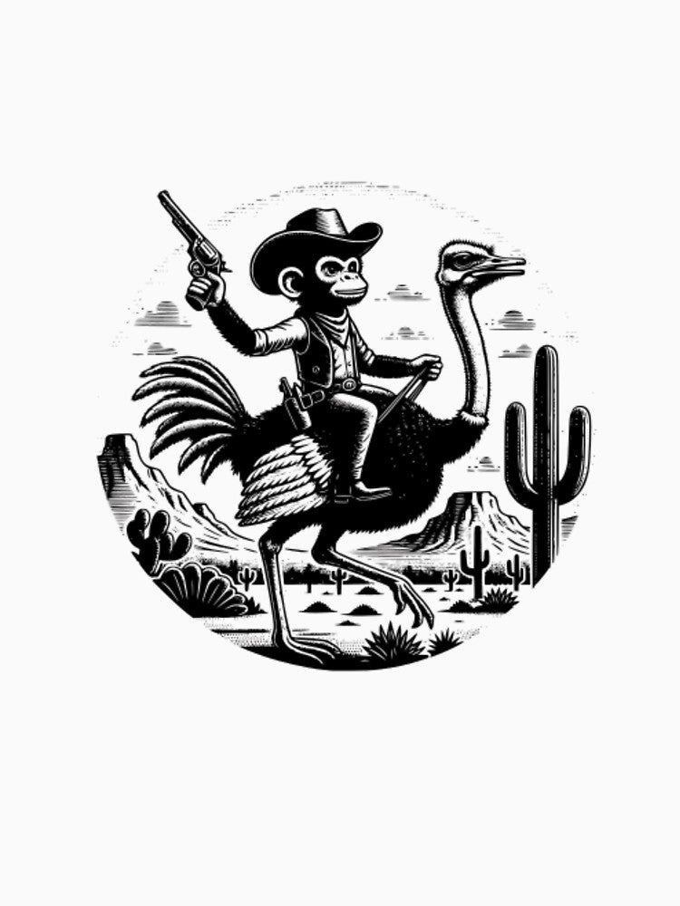 Cowboy Monkey Riding Ostrich — Vintage Western Animal Engraving by Colorful-Garden
