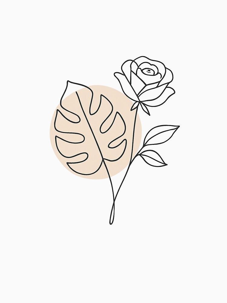 Minimalist Botanical Line Art – One Line Rose & Monstera Leaf Drawing with Beige Accent by Kayshies8120