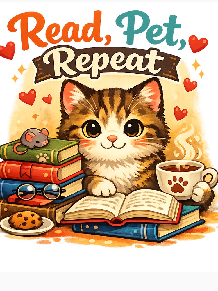 Read, Pet, Repeat Cat – Cute Book Lover Kitty with Tea & Books Illustration by VibeVauilt