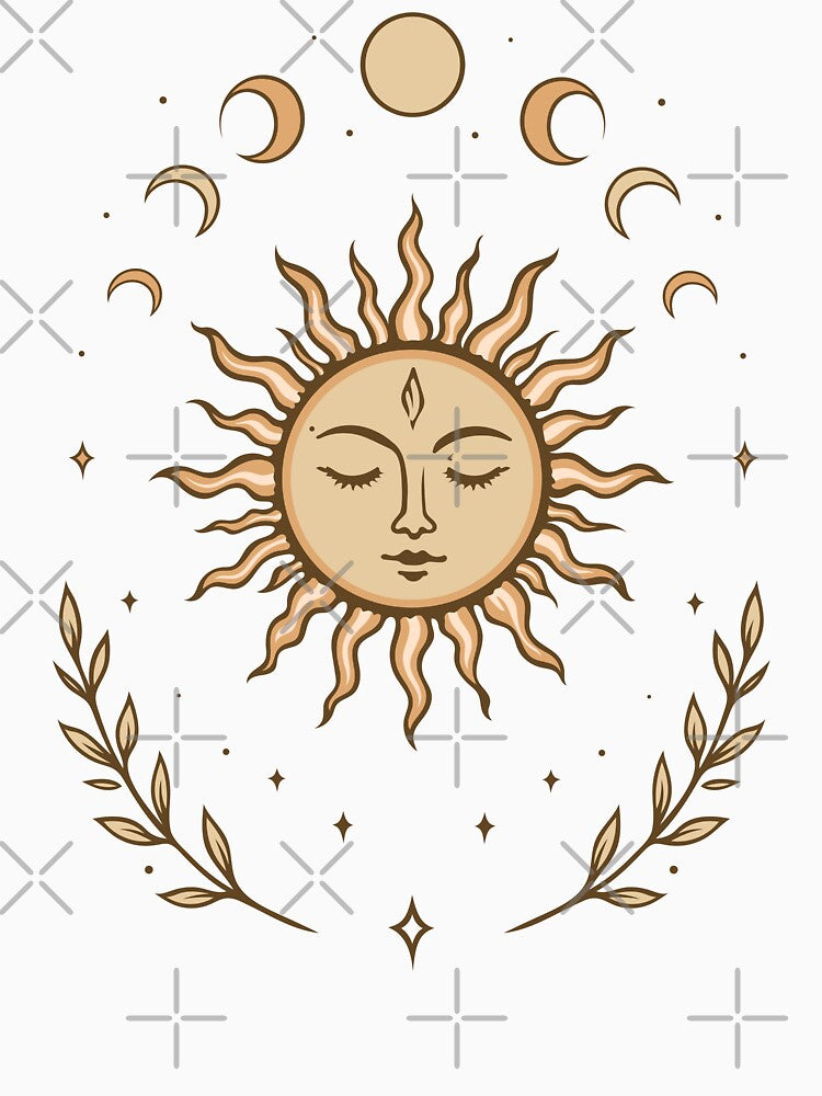 Midsummer sun with moon phases Litha Boho Art by Christine Krahl