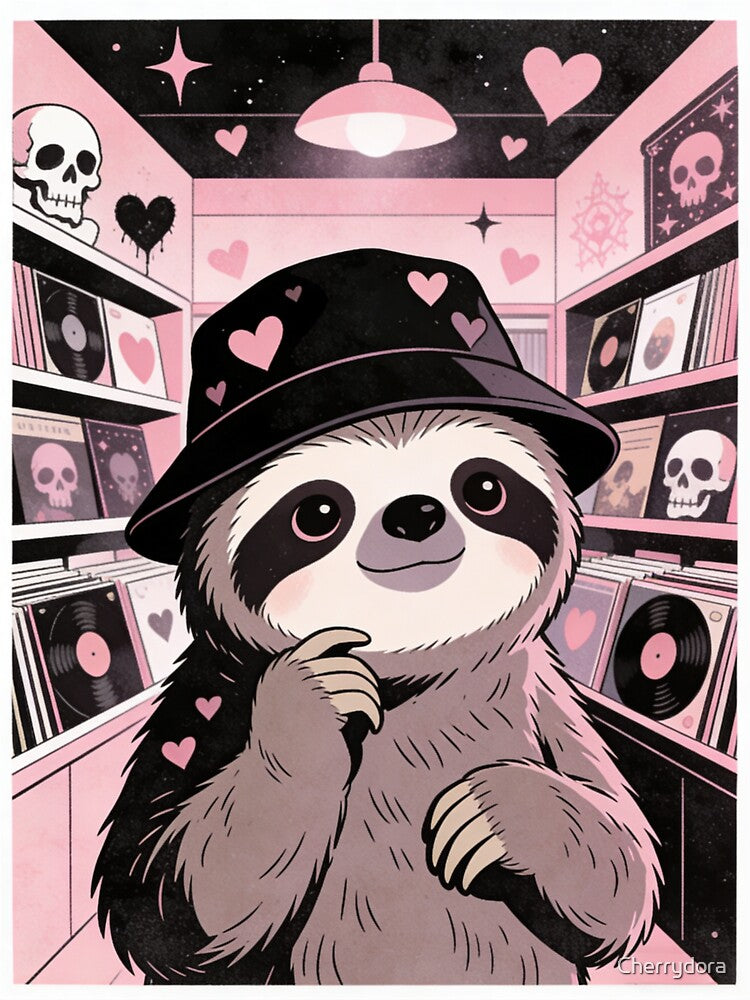 Pastel Goth Sloth | Retro Record Store Vibe | Cute Indie Aesthetic Vinyl Lover by Cherrydora