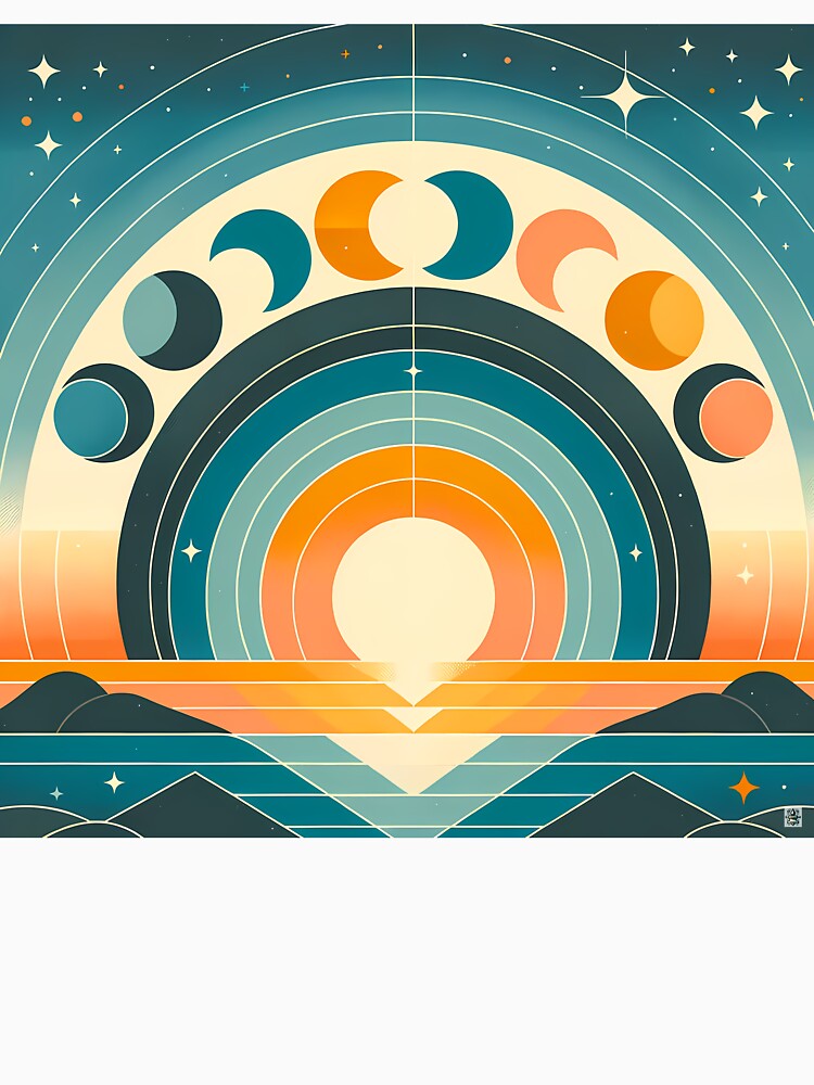 Geometric Moon Phases Over Retro Sunrise by InkSmithery