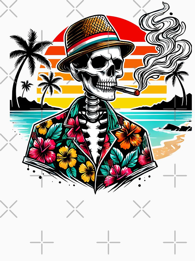 Skeleton in Hawaiian Shirt Smoking Cigar at Sunset – Retro Tropical Beach Vibes Skull by DrawHandArt