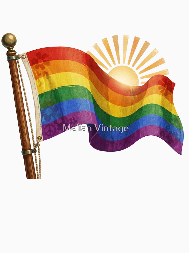 Vintage 70s Groovy Pride Flag with Sunburst & Peace Signs by Melian Vintage