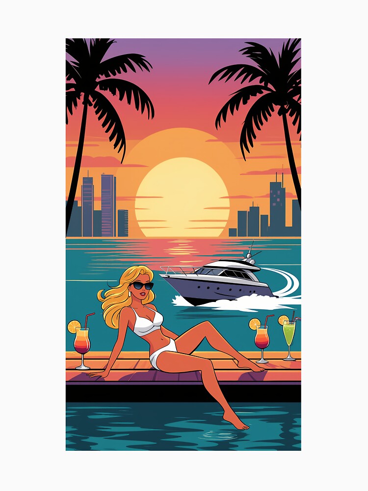 Miami Sunset Yacht Girl Retro Art by Bored Elon