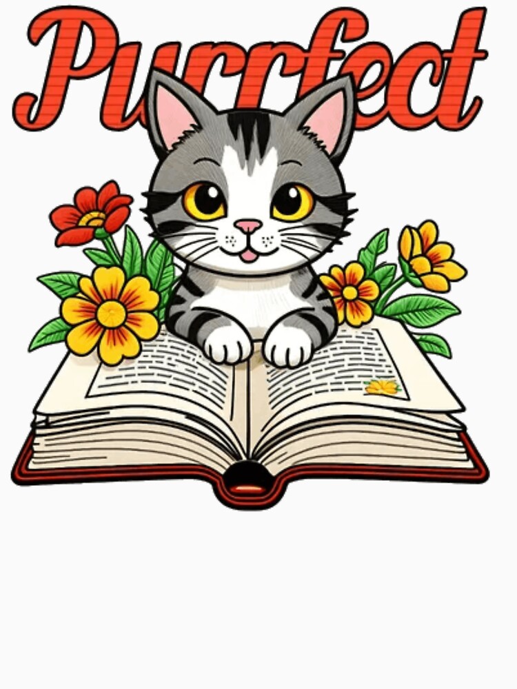Purrfect Cat – Whimsical Bookworm Kitten & Flowers Art by GenZFashion000