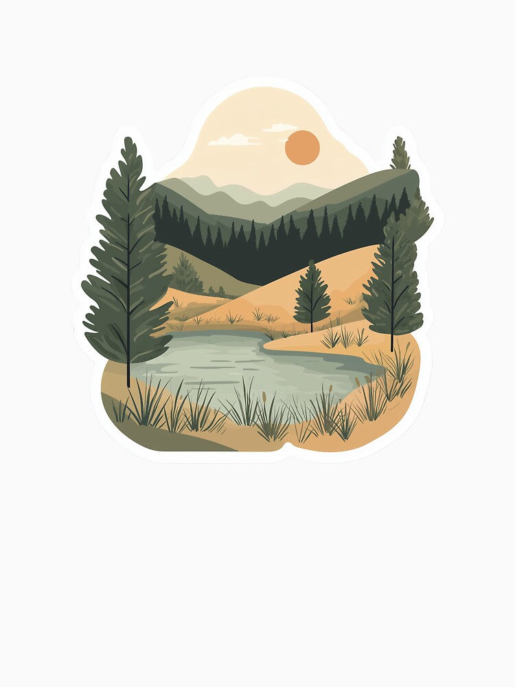 Tranquil Mountain Valley Sunset Sticker by Liseri