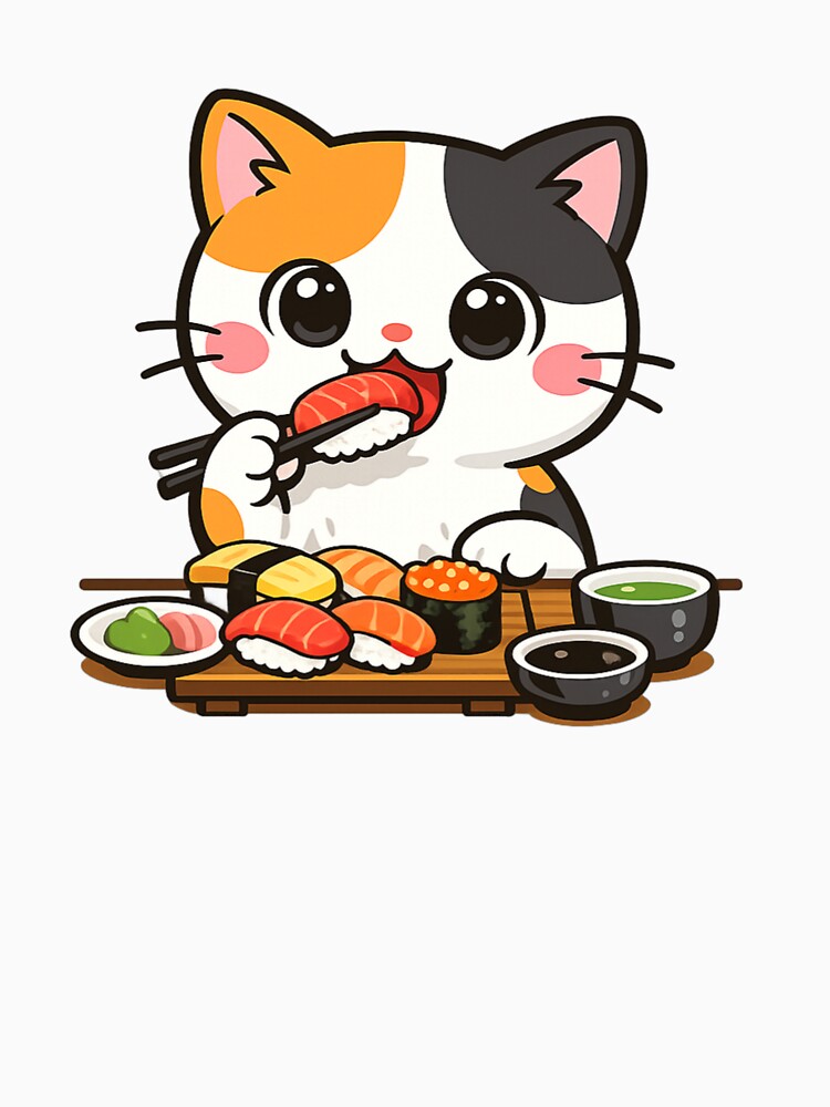 Cute Calico Cat Enjoying Delicious Sushi Feast by SakuraMarket26