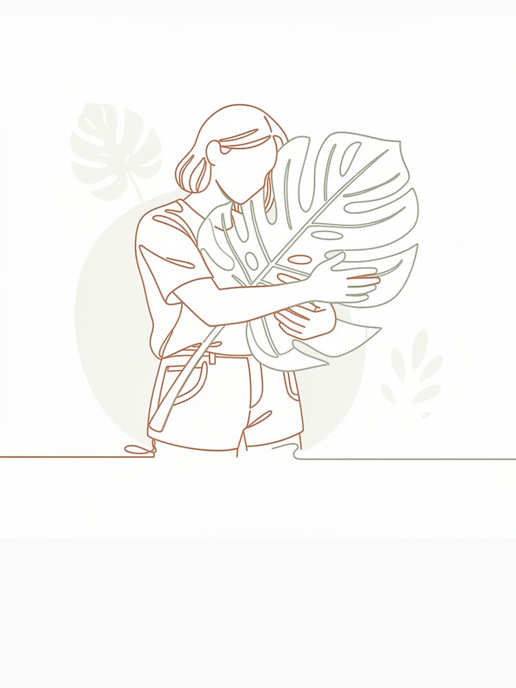 Minimalist Woman Hugging Monstera Leaf Line Art by Dariusz.K