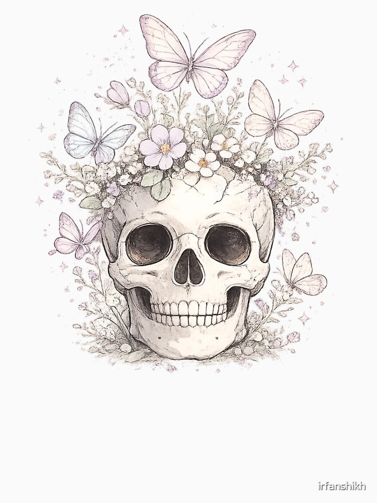 Skull Butterflies Pastel Flowers Dreamy Gothic Botanical Design by irfanshikh