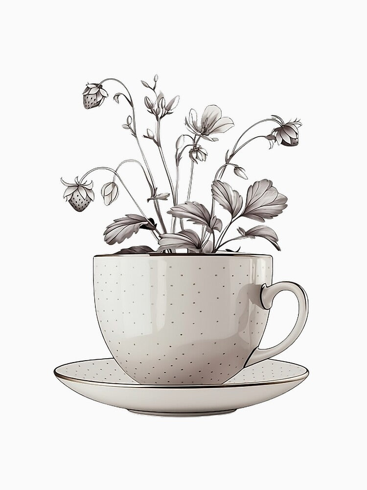 Strawberry Teacup Line Art | Botanical Floral Minimalist Illustration by Pro AguiZoul Art
