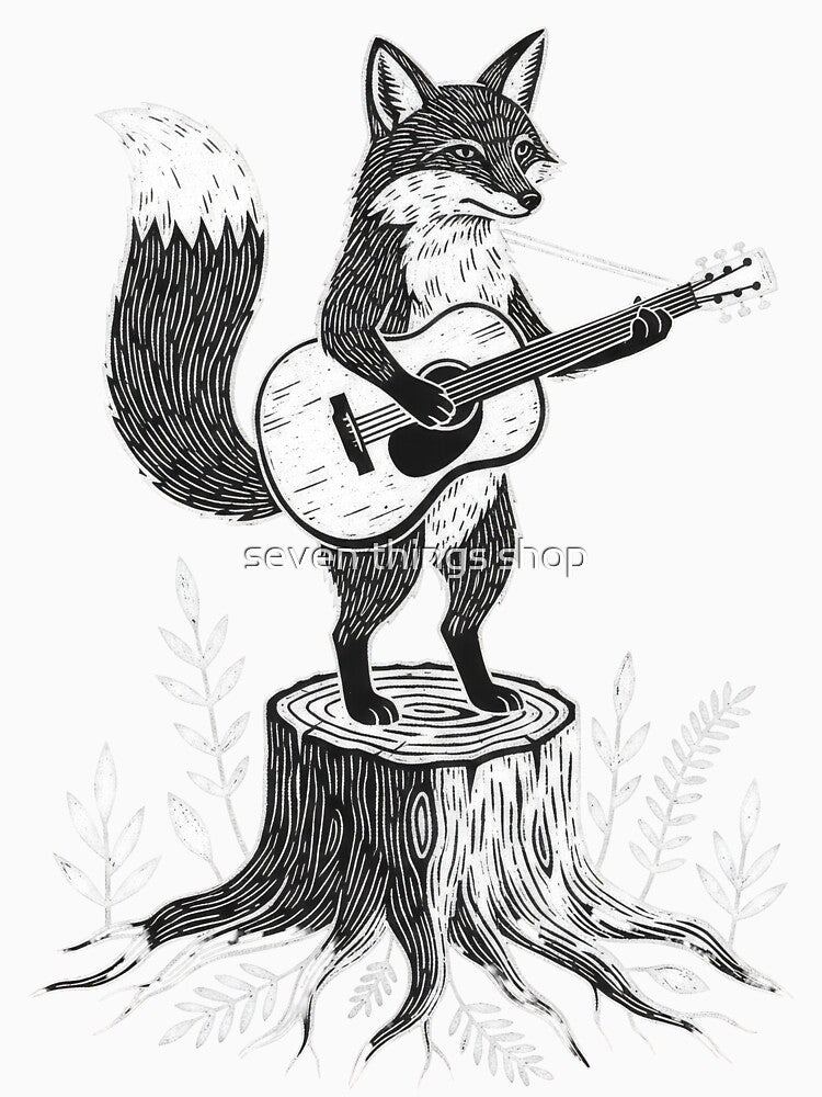Linocut Fox Playing Acoustic Guitar on Tree Stump by seven things shop
