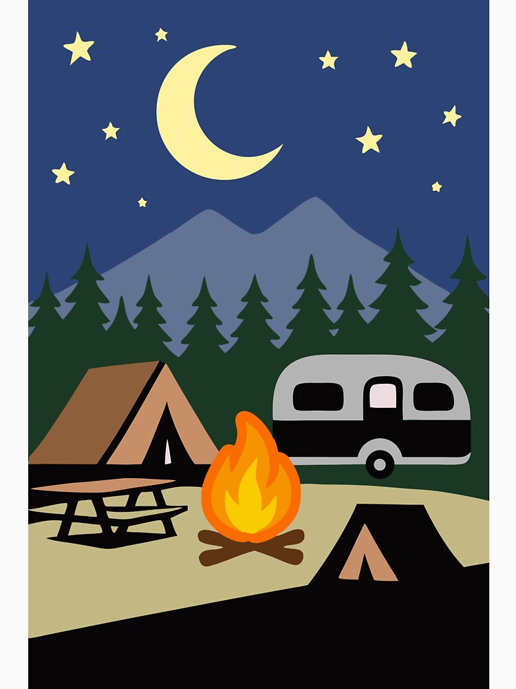 Moonlit Campfire Night – Minimalist Camping Art by donwillisjrart