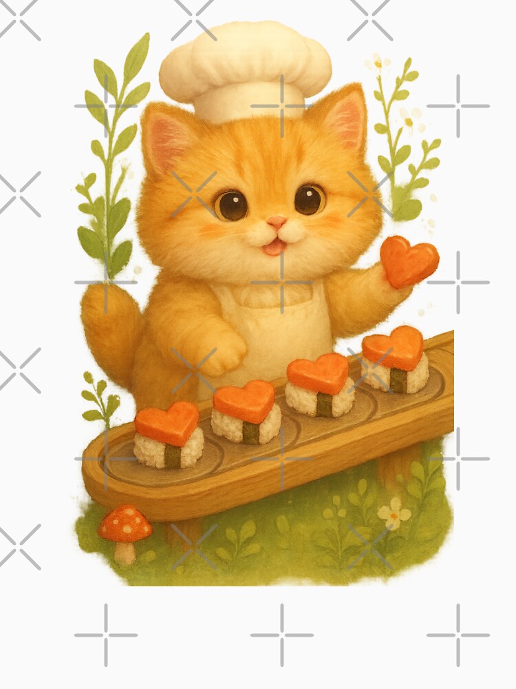 Cute Sushi Kitten Chef with Heart Nigiri - Cute Japanese Cottagecore Art by Moons Studio