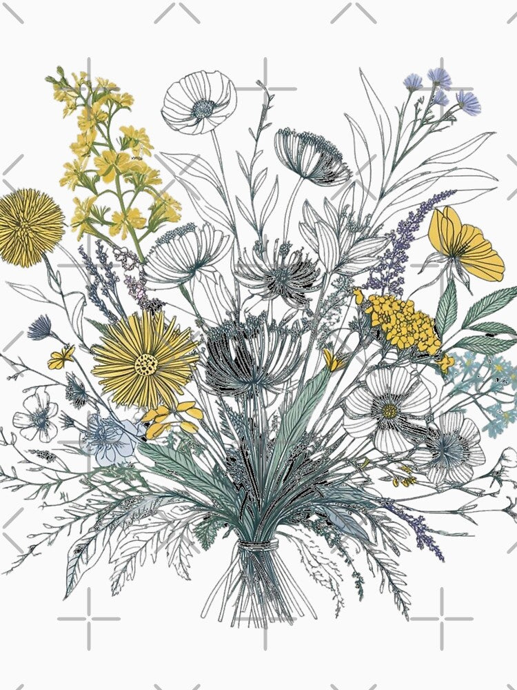 Wildflower Bouquet - Botanical Line Art by KaminnoArt