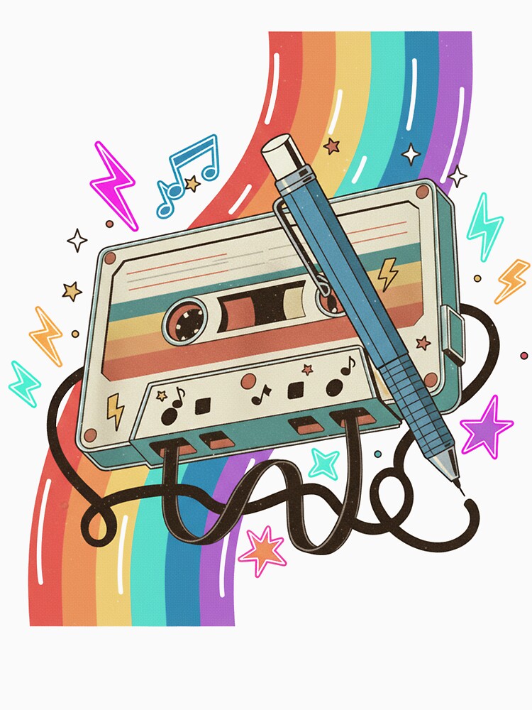 Retro Cassette Tape with Pencil 80s 90s Music Lovers Vintage Rainbow by ArtTee-Folie0