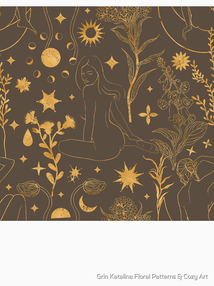 Seamless mystical pattern in warm brown and gold tones. Elegant line art of sitting women, wild herbs, stars, suns, and moon phases creates an atmosphere of magic, comfort, and nature. by Grin Katalina Floral Patterns & Cozy Art