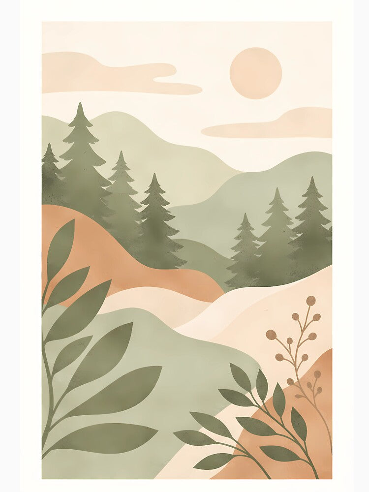 Minimalist Pine Forest and Mountain Sun Landscape Art Print by SoftSpaceDesign