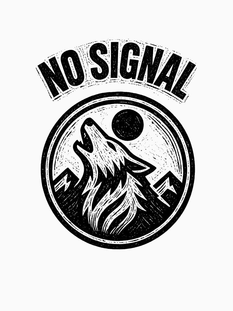 No Signal Wolf Badge Design – Howling Wolf Mountain Wilderness Black and White by VinciLab