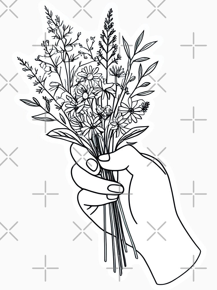 Hand Holding Wildflowers – Black and White Minimal Line Art Drawing by echowood26