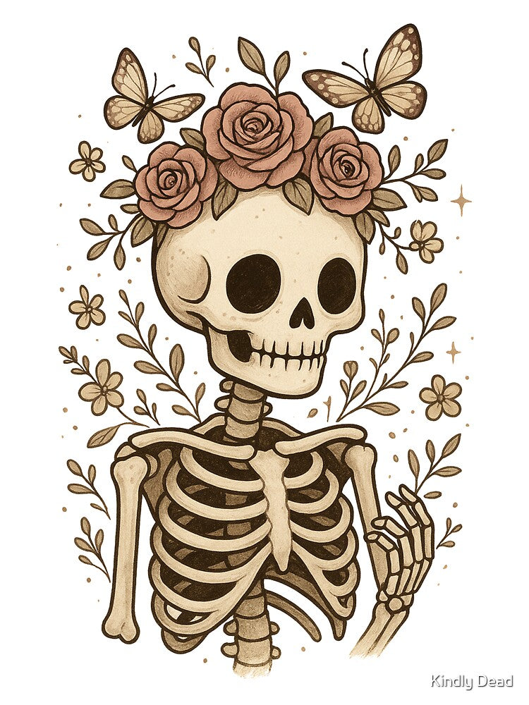 Skeleton with a Rose Crown and Butterflies Vintage Illustration by Kindly Dead