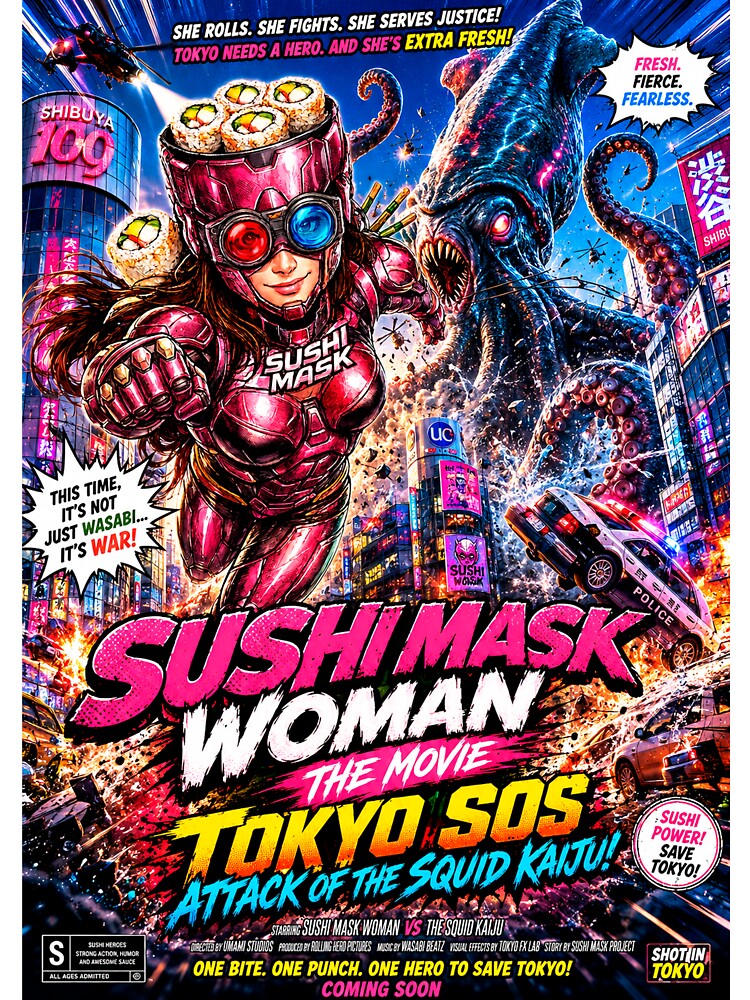 SUSHI MASK WOMAN THE MOVIE: Tokyo SOS - Squid Kaiju Attack by Japan Cyberpunk Universe & Surreal Characters