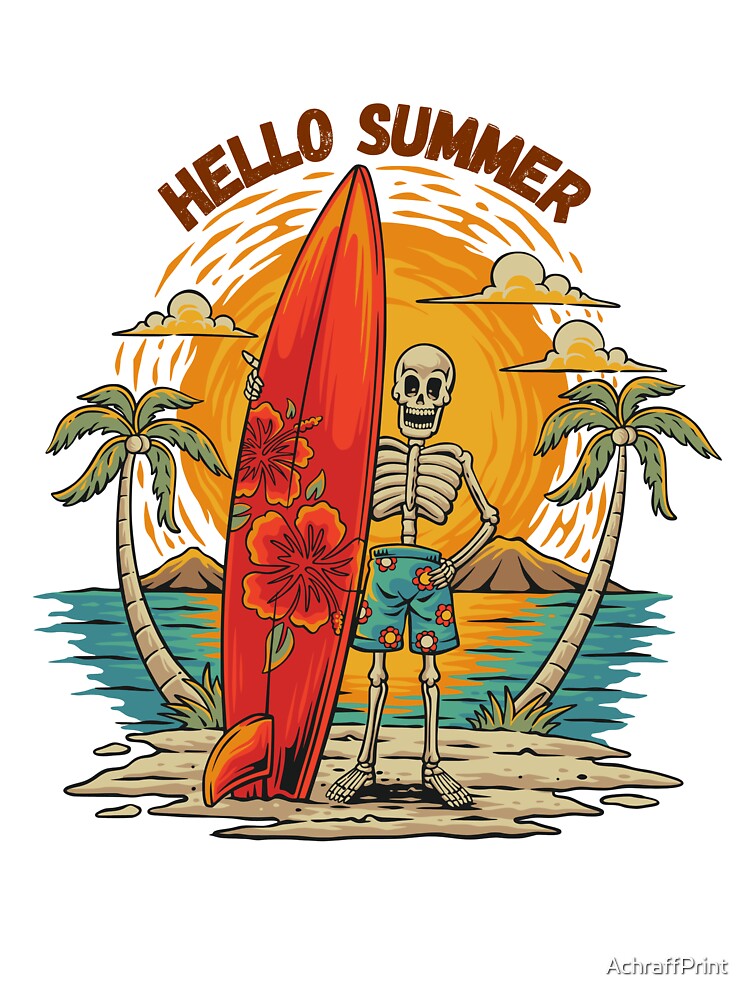 Hello Summer Skeleton Surfer Beach Sunset Illustration by AchraffPrint