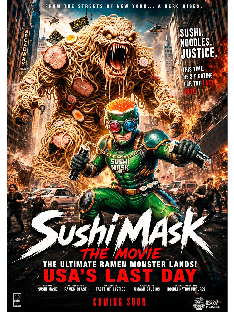 SUSHI MASK THE MOVIE: The Ultimate Ramen Monster Attack & USA's Final Day by Japan Cyberpunk Universe & Surreal Characters