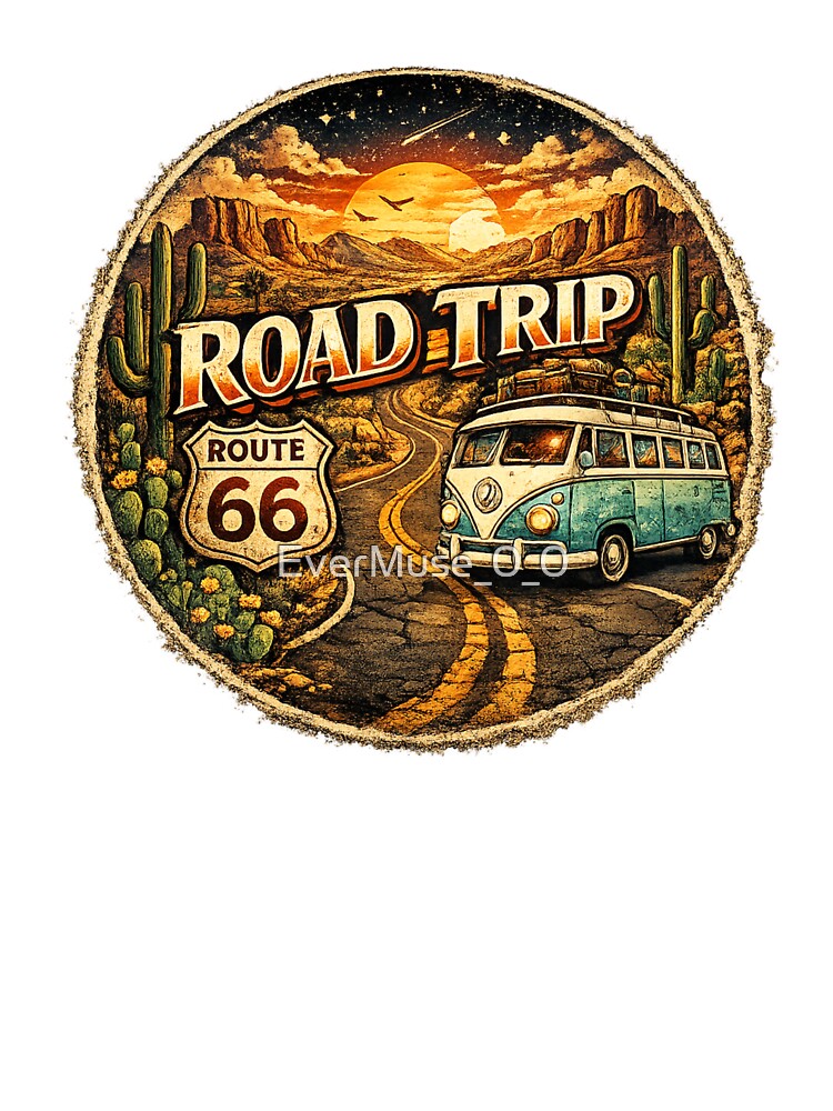 Retro Route 66 Road Trip Van Art – Vintage Desert Sunset Adventure Aesthetic StickerAesthetic Sticker by EverMuse_0_0