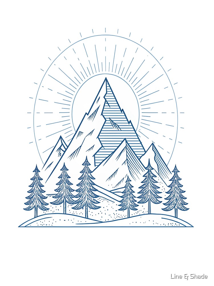 Mystic Mountain Line Art – Nature Sunrise Illustration by Line & Shade