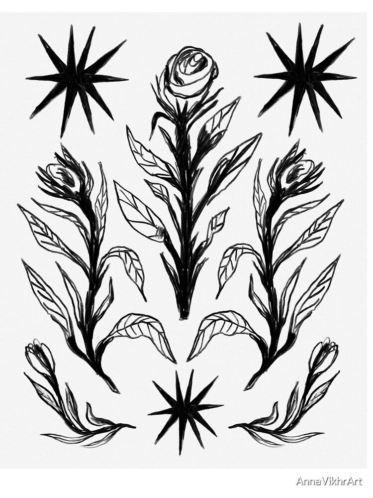 Black Botanical Line Art Floral Illustration by AnnaVikhrArt