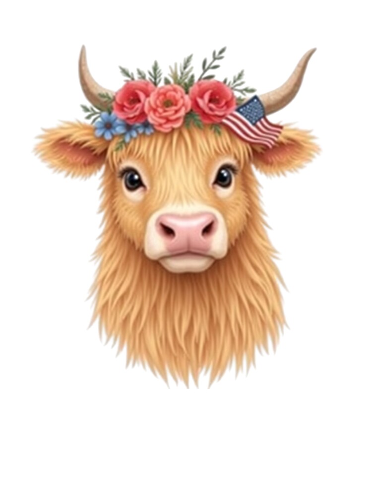 Cute Patriotic Highland Cow with Floral Crown and USA Flag by VeloraCrafts