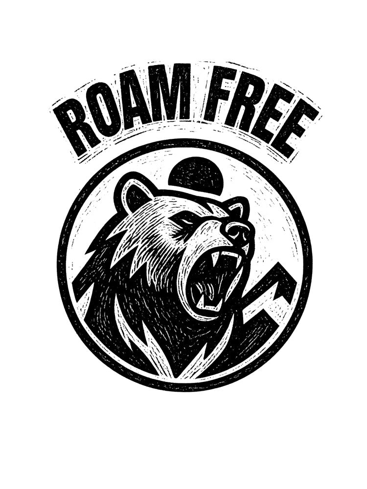 Roam Free Bear Badge Design – Roaring Bear Mountain Adventure Black and White by VinciLab