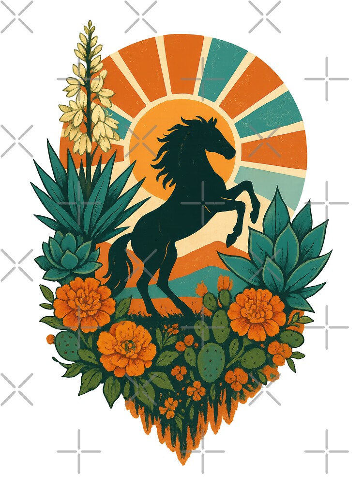Desert Wild Horse – Southwestern Sunset Botanical Sticker by inkoutninja