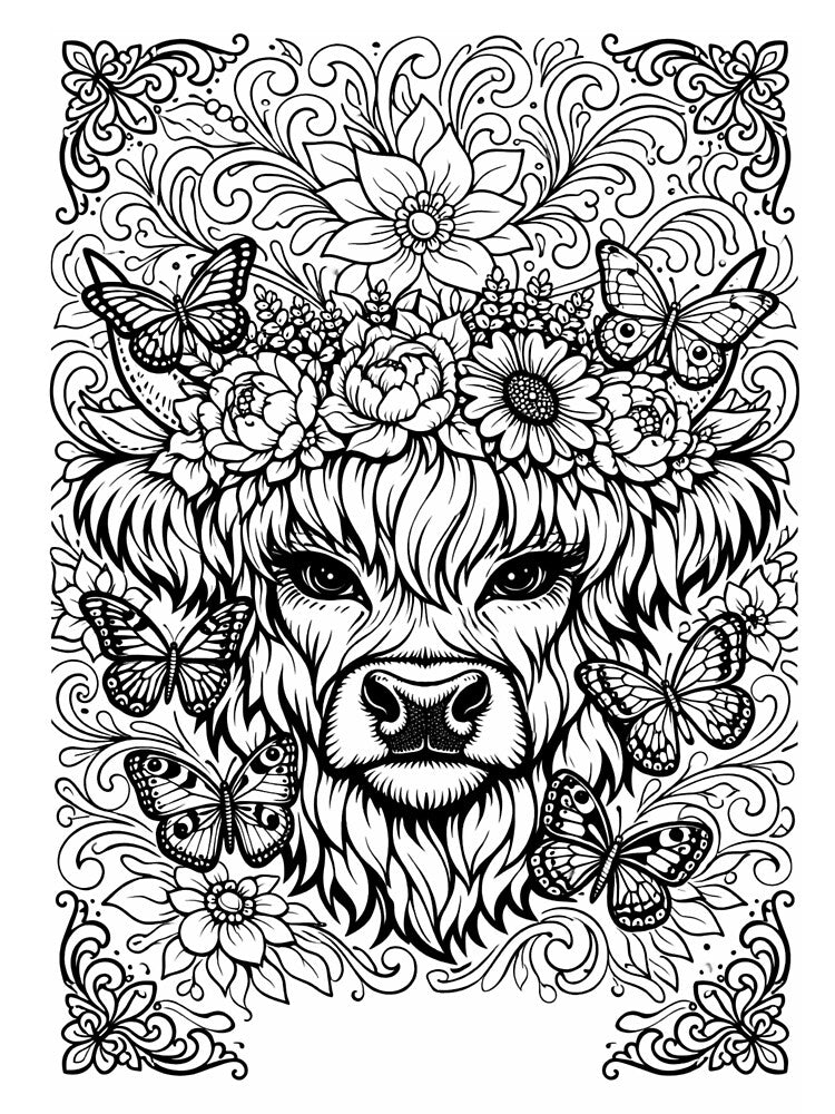 Boho Highland Cow with Flower Crown and Butterflies by VINTAGEPUNTEES