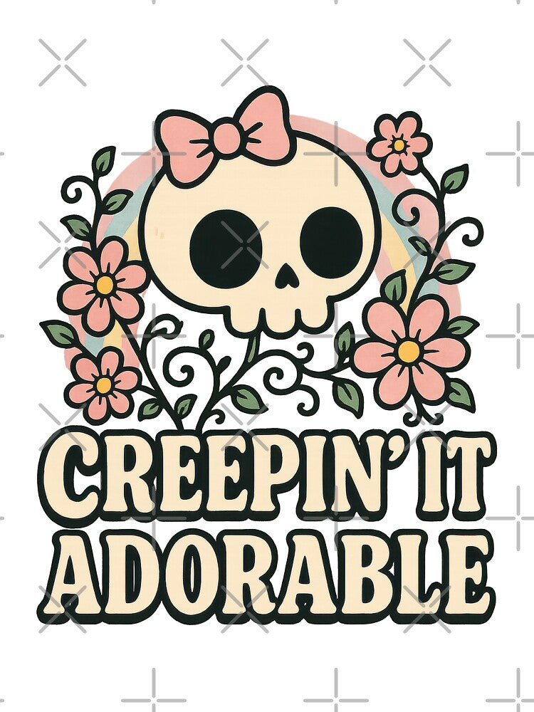 Creepin’ It Adorable Cute Pastel Skull and Flowers Halloween Design by inkoutninja