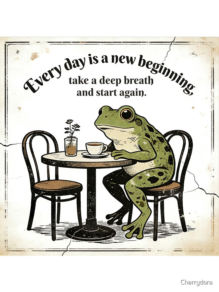 Vintage Woodcut Frog at Cafe | Motivational Quote Art Print | Every Day is a New Beginning by Cherrydora