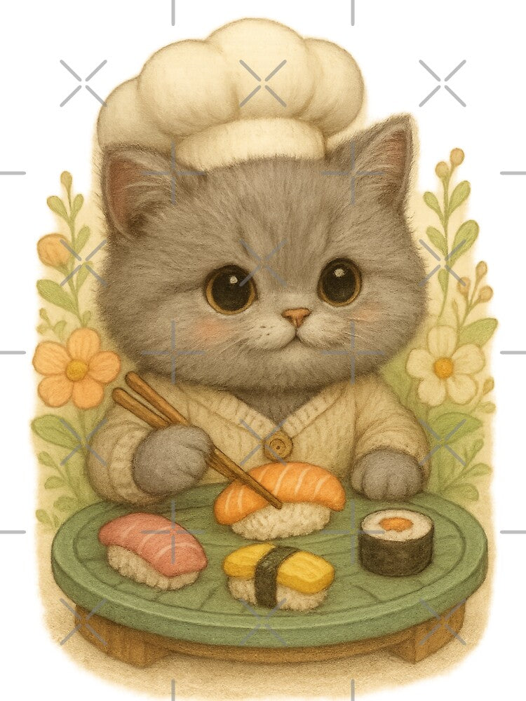 Cute Grey British Shorthair Kitten Sushi Chef with Sushi - Cute Japanese Cottagecore Art by Moons Studio