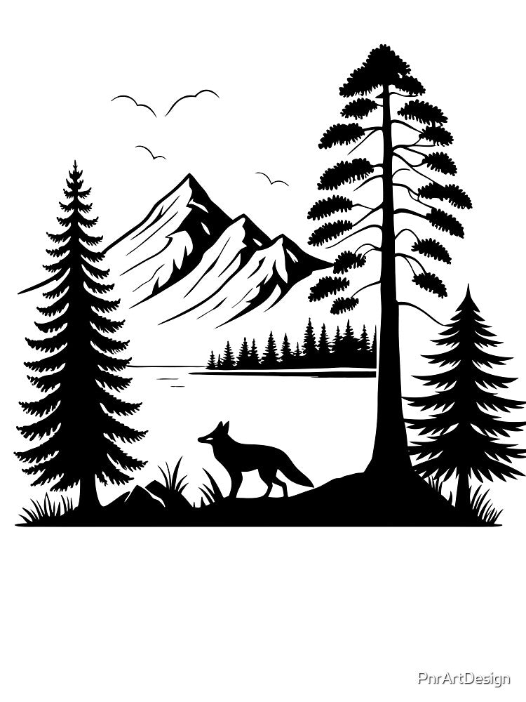 Mountain Forest Silhouette Art, Minimal Black and White Nature Landscape with Wolf, Pine Tree Wilderness Illustration by PnrArtDesign