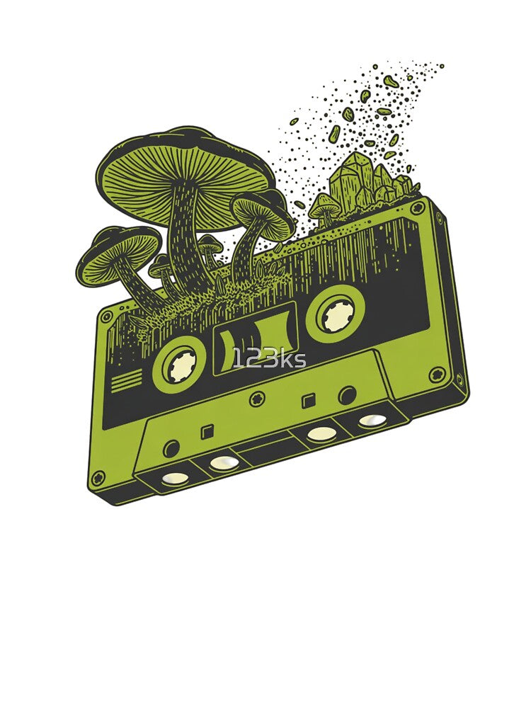 a giant mechanical cassette tape sprouting luminescent mushrooms and crystalline formations by 123ks