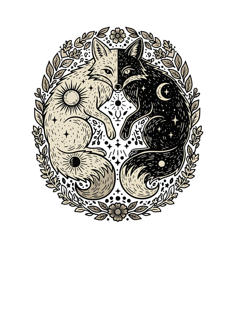 Celestial Yin Yang Foxes - Mystical Sun and Moon Duality Art by RectifyFashions