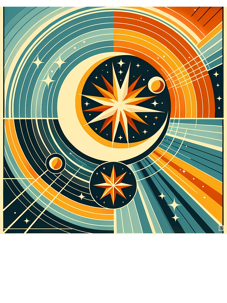 Geometric Crescent Moon and Starburst Orbit by InkSmithery