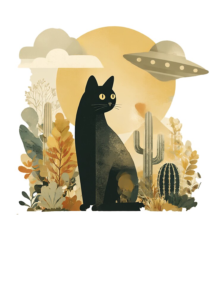 Mystical Desert Cat with UFO and Cactus Sunset Aesthetic by Kybruno's Creations