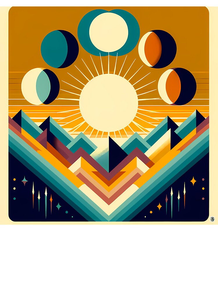 Geometric Sun and Moon Phases Over Mountains by InkSmithery