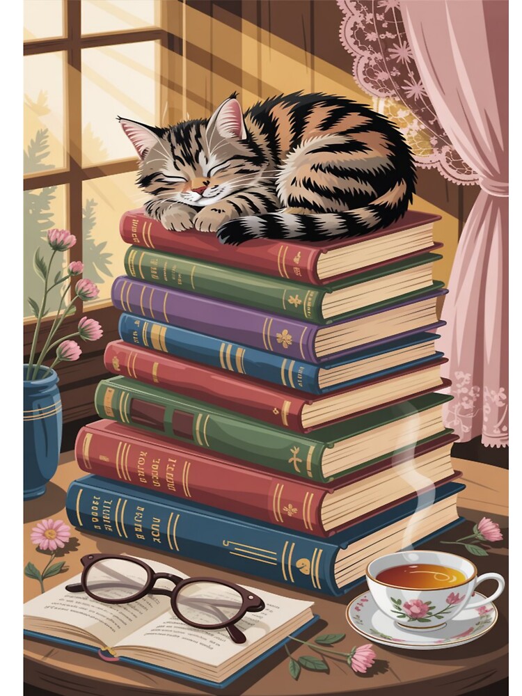 Cozy Book Lover Cat – Dreamy Cottagecore Stack of Books and Sleeping Kitty Aesthetic by Ani-24