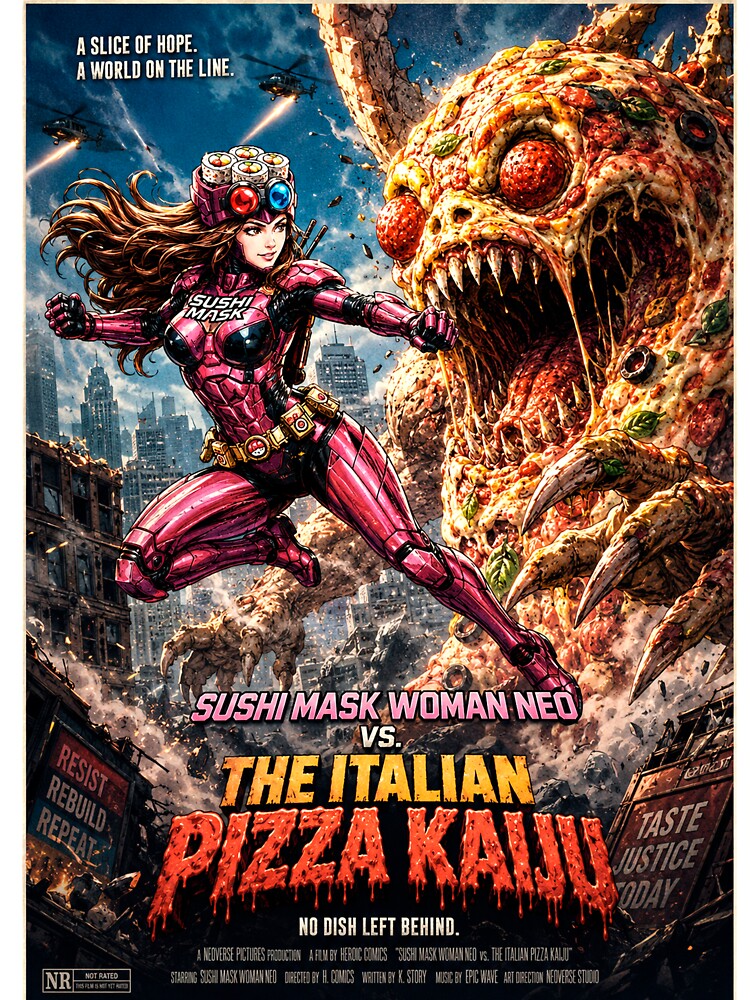 SUSHI MASK WOMAN NEO vs The Italian Pizza Kaiju - Retro Sci-Fi Action Movie Poster by Japan Cyberpunk Universe & Surreal Characters