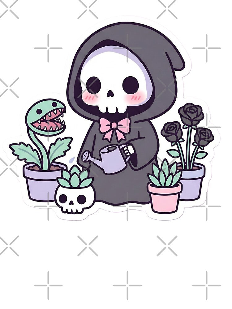 Cute Grim Reaper Gardener Watering Carnivorous Plants Kawaii Pastel Goth Aesthetic by StickyGuys
