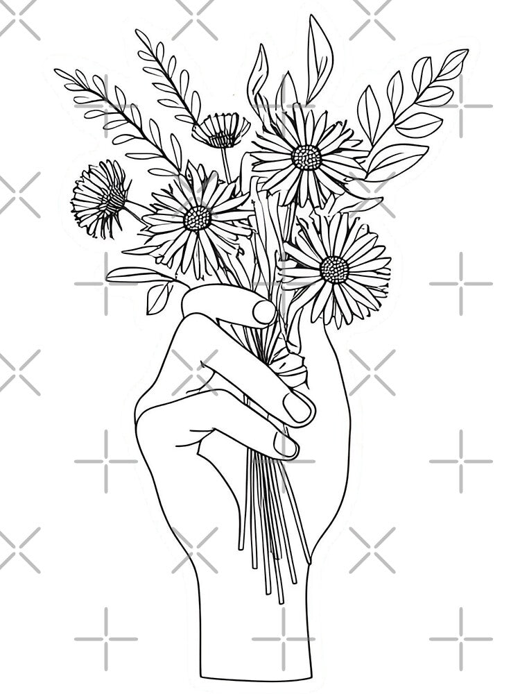 Line Art of Hand with Wildflowers – Elegant Black and White Floral Illustration by echowood26