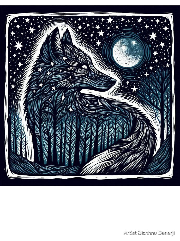 Cosmic Fox Linocut Midnight Art- Design 3 by Artist Bishhnu Banerji